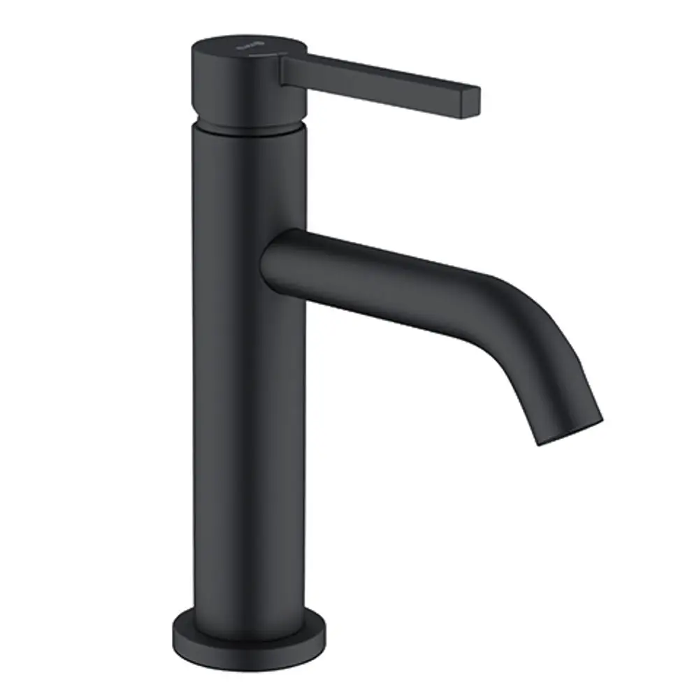 Kludi-Waschbeckenarmatur in mattschwarz mit einem hohen, zylindrischen Design und einem seitlichen Hebel zur Steuerung des Wasserflusses.